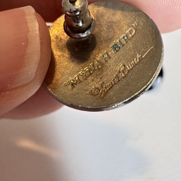 Stunning Vintage Laurel Burch Mynah Bird Black Enamel Disc Earrings - Picture 3 of 6